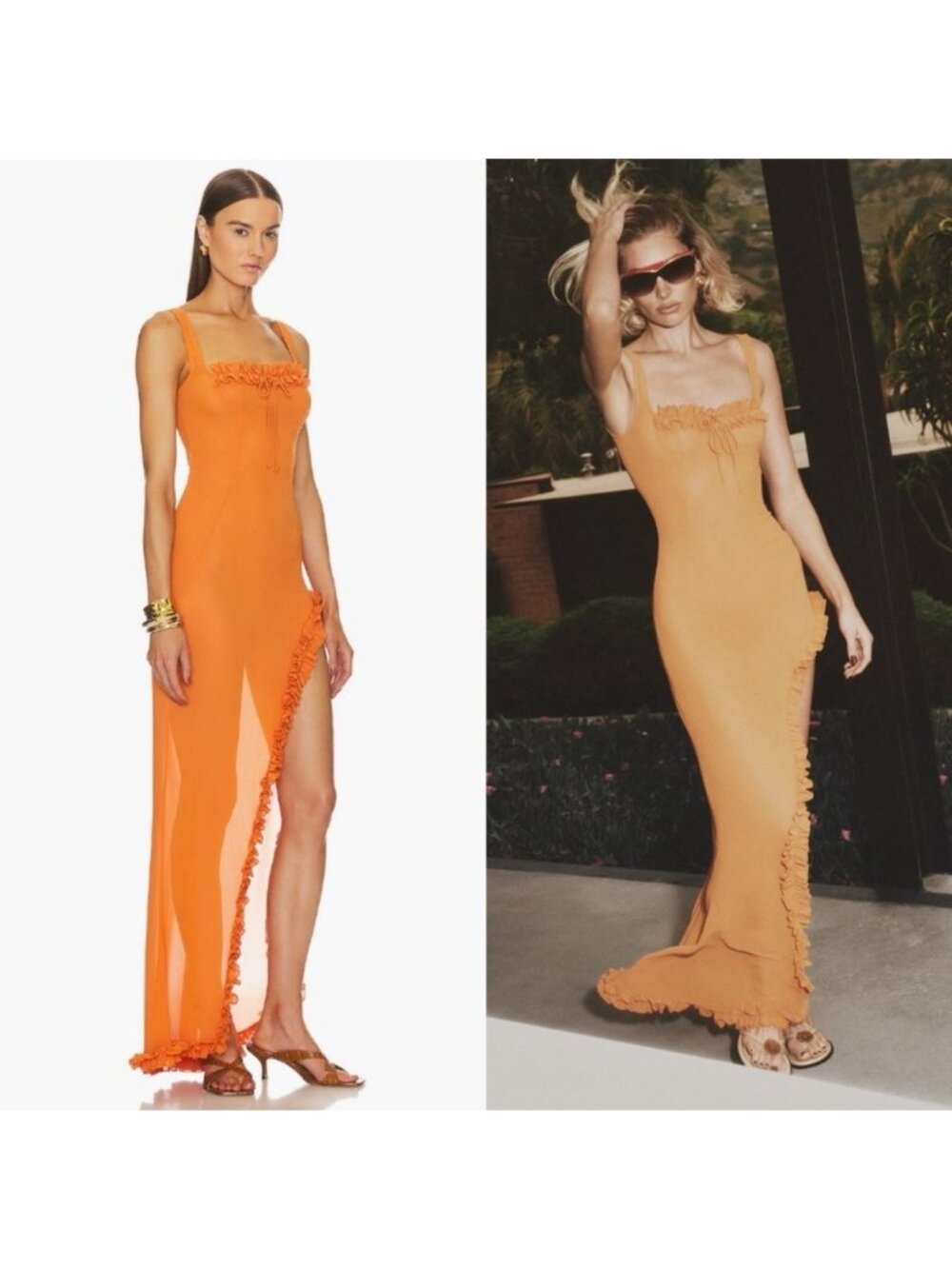 HELSA Sheer Ruffled Long Orange Dress